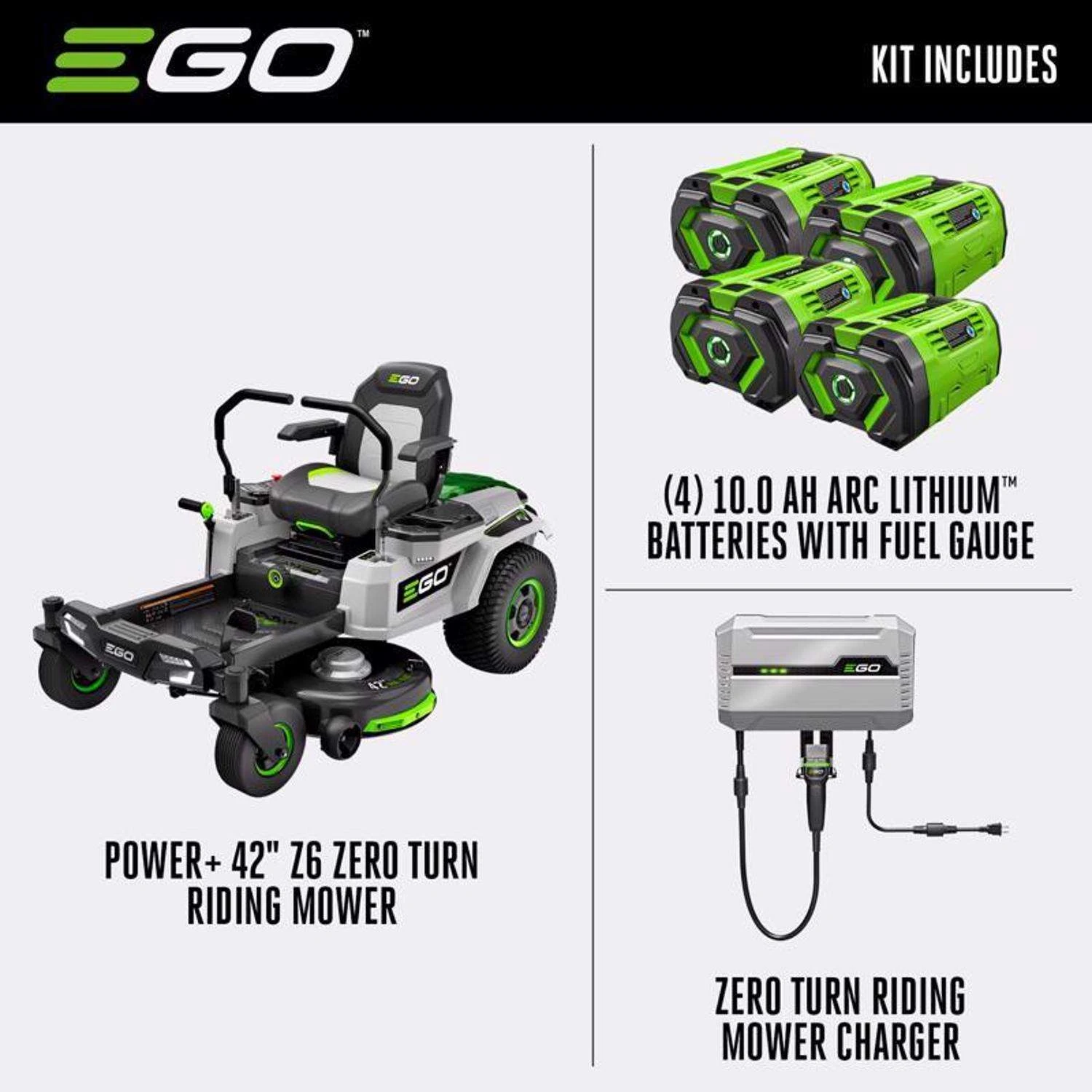 EGO Power+ Z6 ZT4204L 42 In. 56 V Battery Zero Turn Riding Mower Kit (Battery & Charger) W/ FOUR 10.0 AH BATTERIES 4 EGO Power+ Z6 ZT4204L 42 In. 56 V Battery Zero Turn Riding Mower Kit (Battery & Charger) W/ FOUR 10.0 AH BATTERIES - Image 2
