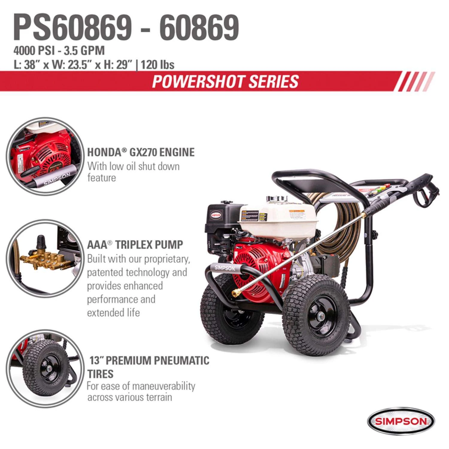 Simpson PowerShot PS60869 Honda 4000 Psi Gas 3.5 Gpm Pressure Washer 5 Simpson PowerShot PS60869 Honda 4000 Psi Gas 3.5 Gpm Pressure Washer - Image 3