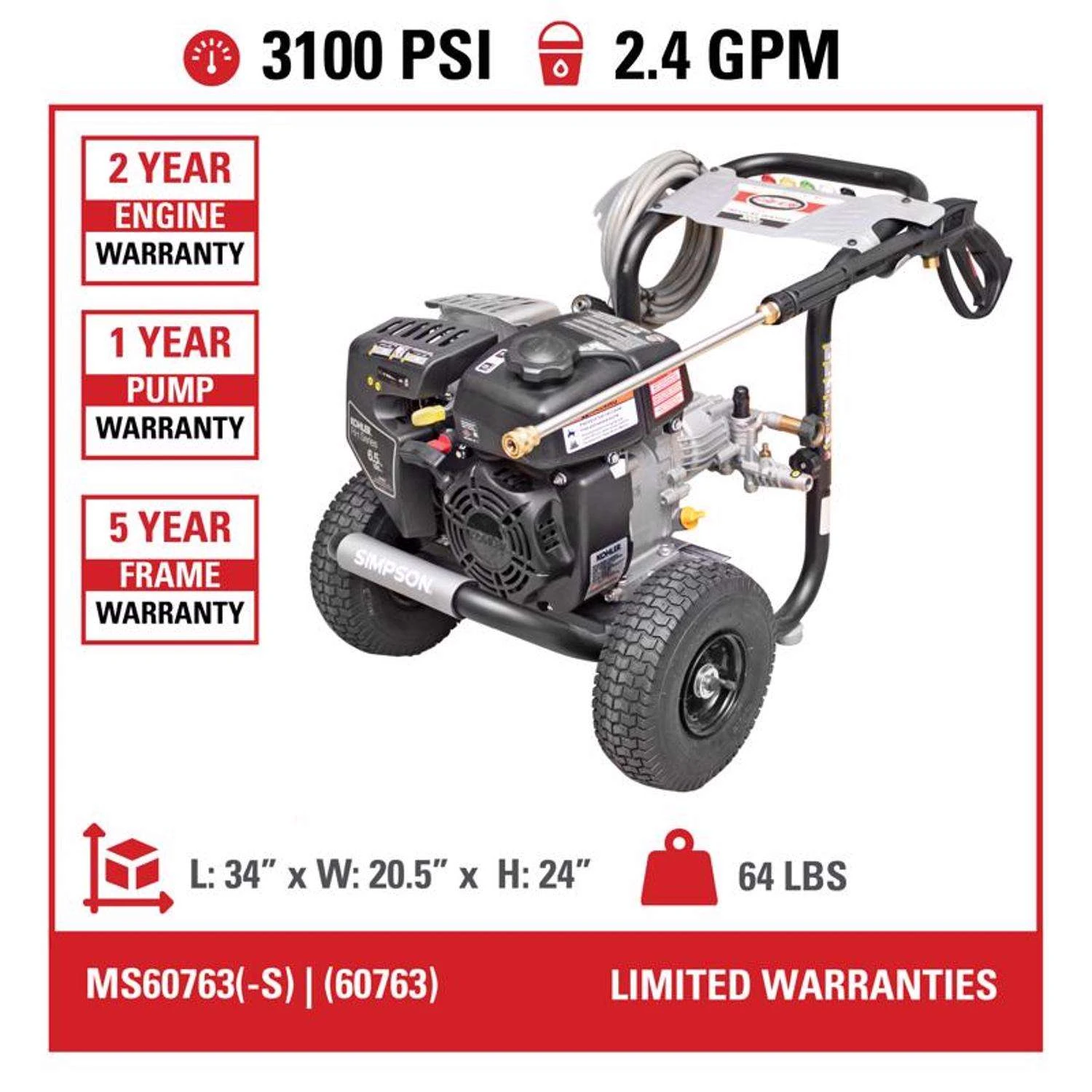 Simpson Megashot MS60763-S Kohler 3100 Psi Gas 2.4 Gpm Pressure Washer 9 Simpson Megashot MS60763-S Kohler 3100 Psi Gas 2.4 Gpm Pressure Washer - Image 7